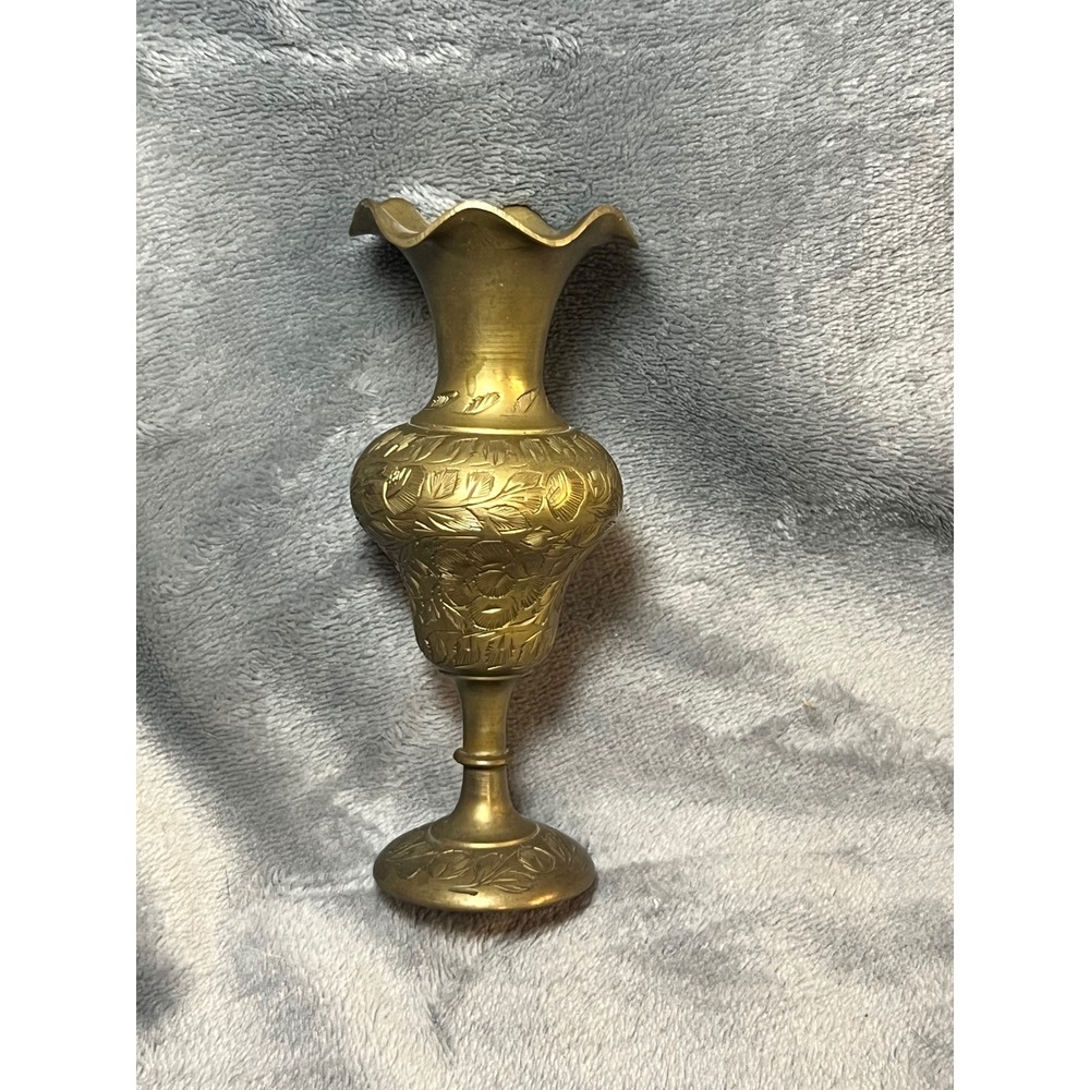 Vintage Brass Bud Vase Engraved Floral Etched Ruffle Rim India 6in Decor
